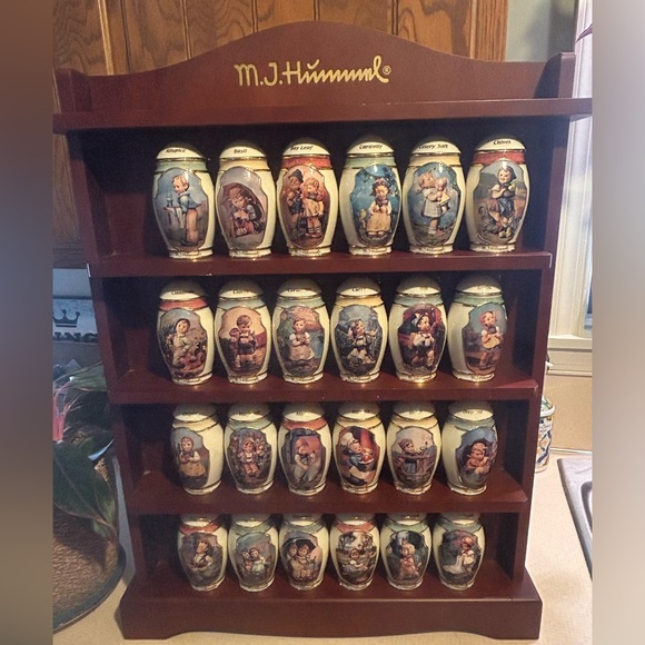 Vintage-Hummel Collectible Spice Jars with Wooden Display Shelf